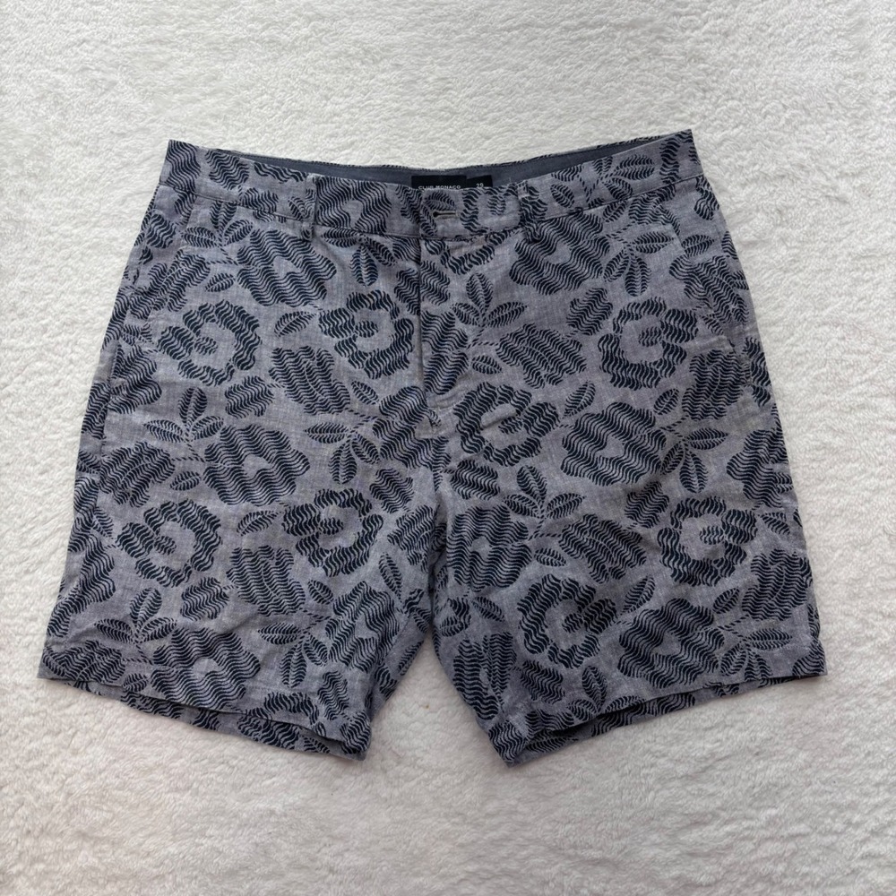 Club Monaco Baxter Fit Blue Leaf Print Linen Blend Shorts Mens Size 29